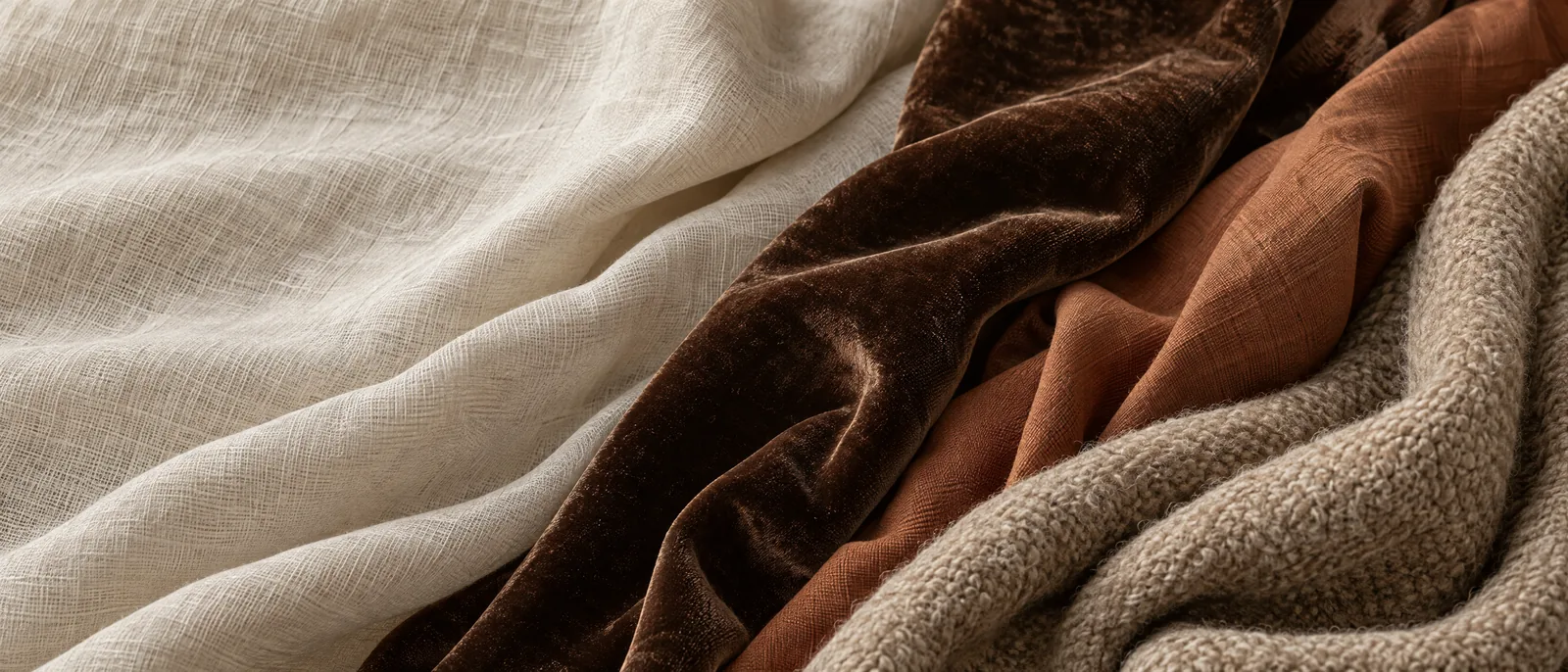 Layered folds of ivory linen, chocolate velvet, terracotta cotton and sand wool