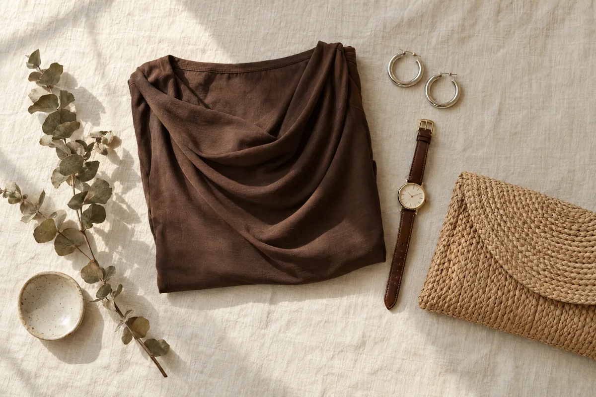 Flat lay of a folded chocolate-brown top, silver hoops and a woven straw clutch